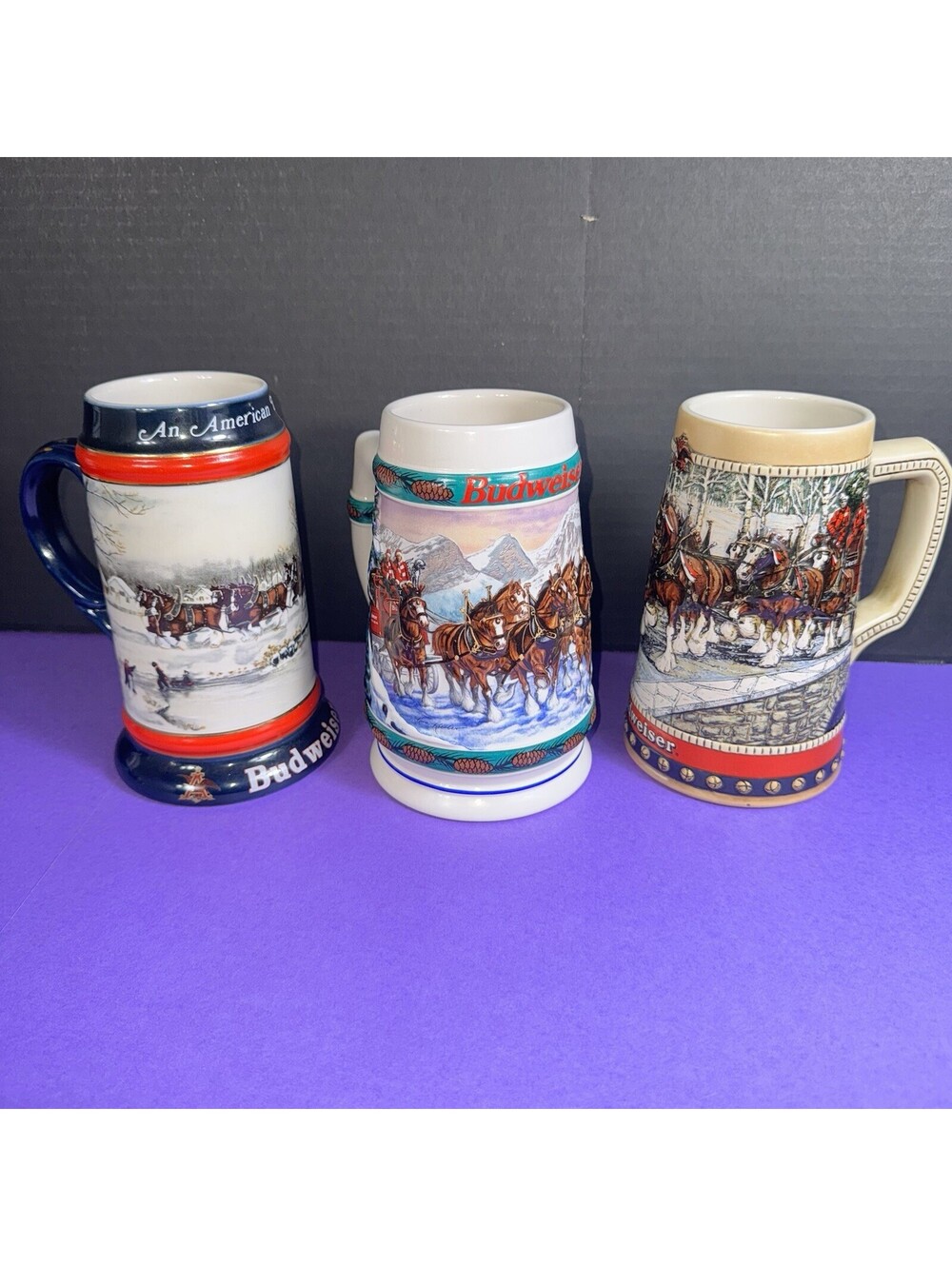 3 Budweiser Oktoberfest Beer Stein Mugs 1988 1990 1993 Holiday Barware Mancave